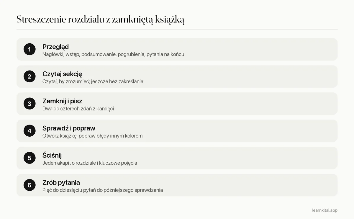 Sześć kroków metody z zamkniętą książką do streszczania rozdziału podręcznika