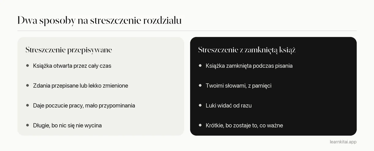 Porównanie streszczenia przepisywanego i streszczenia z zamkniętą książką dla rozdziału podręcznika