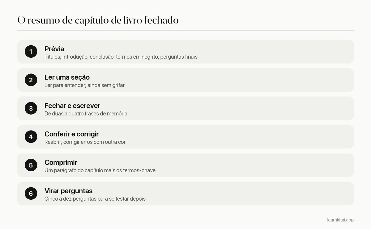 Seis passos do método de livro fechado para resumir um capítulo de livro didático
