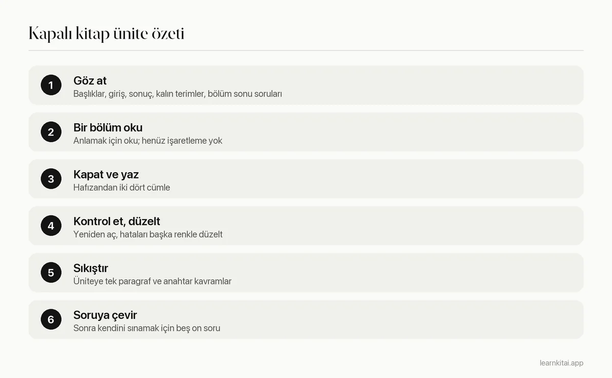 Ders kitabı ünitesini özetlemek için kapalı kitap yönteminin altı adımı