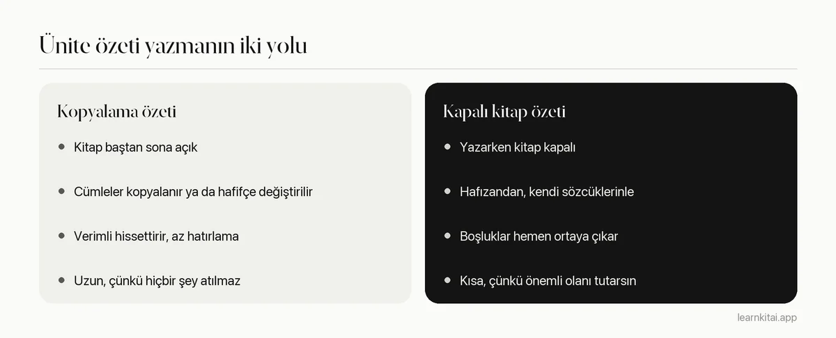 Bir ders kitabı ünitesinin kopyalama özeti ile kapalı kitap özetinin karşılaştırması