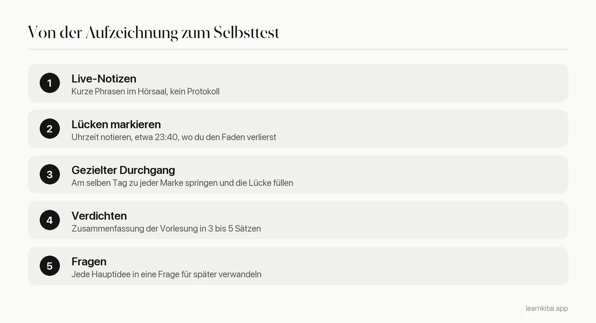 Fünf Schritte, um eine Vorlesungsaufzeichnung in Notizen und Selbsttestfragen zu verwandeln