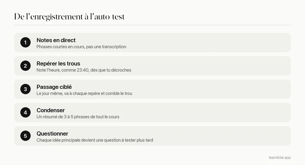Cinq étapes pour transformer l'enregistrement d'un cours en notes et en questions d'auto-test