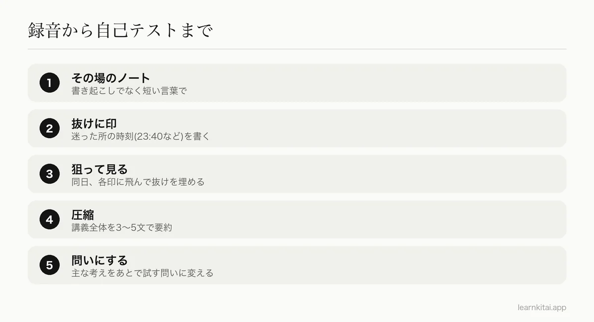 講義の録音をノートと自己テストの問いに変える5つの手順