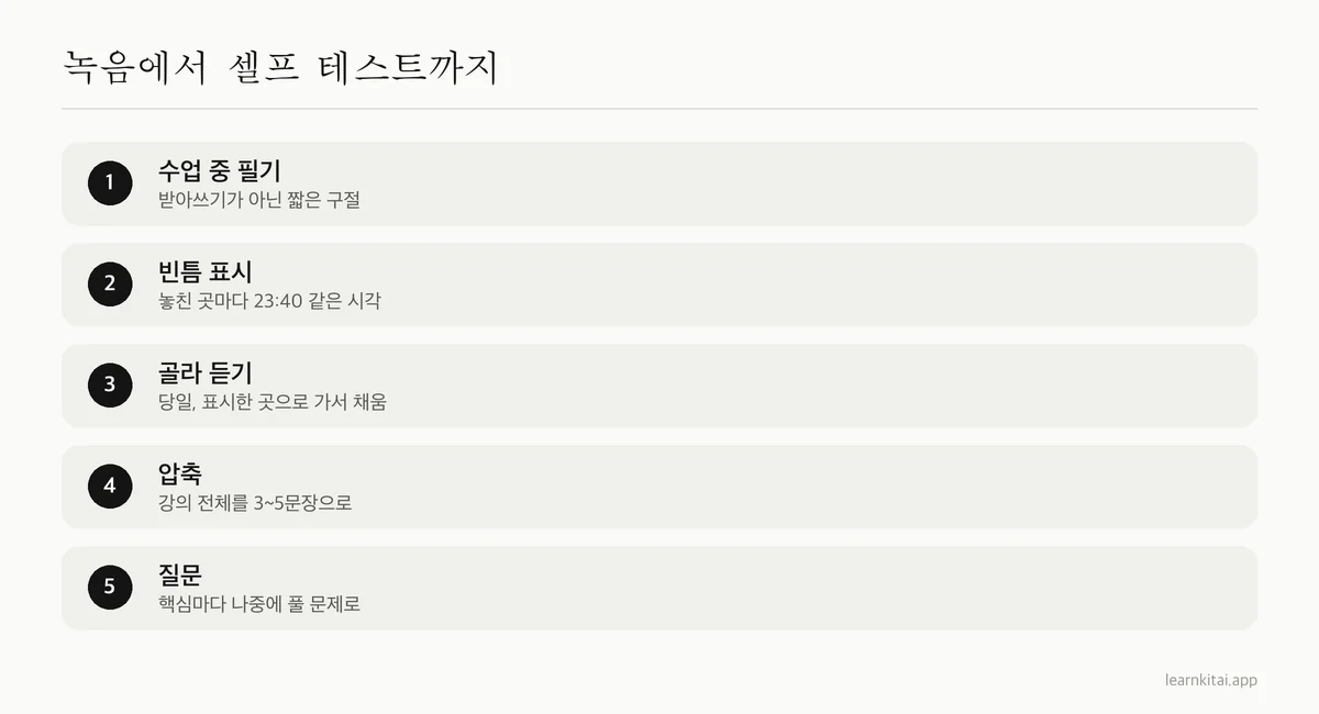 강의 녹음을 노트와 셀프 테스트 문제로 바꾸는 다섯 단계