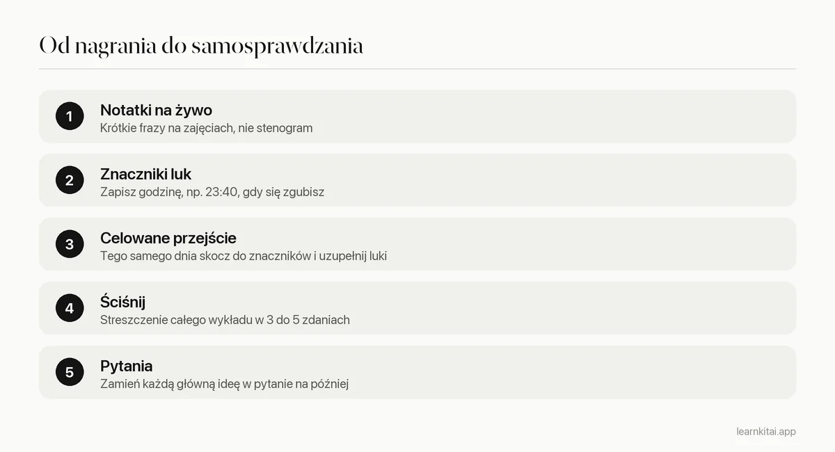 Pięć kroków zamiany nagrania wykładu w notatki i pytania do samosprawdzania