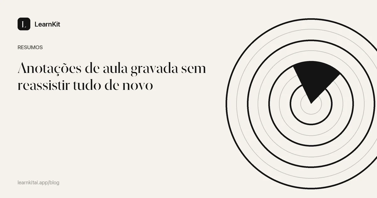 O título Anotações de aula gravada sem reassistir tudo de novo sobre um padrão monocromático e sereno