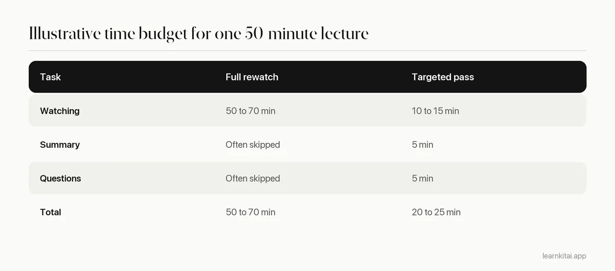 Illustrative time budget comparing a full rewatch with a targeted pass for one lecture