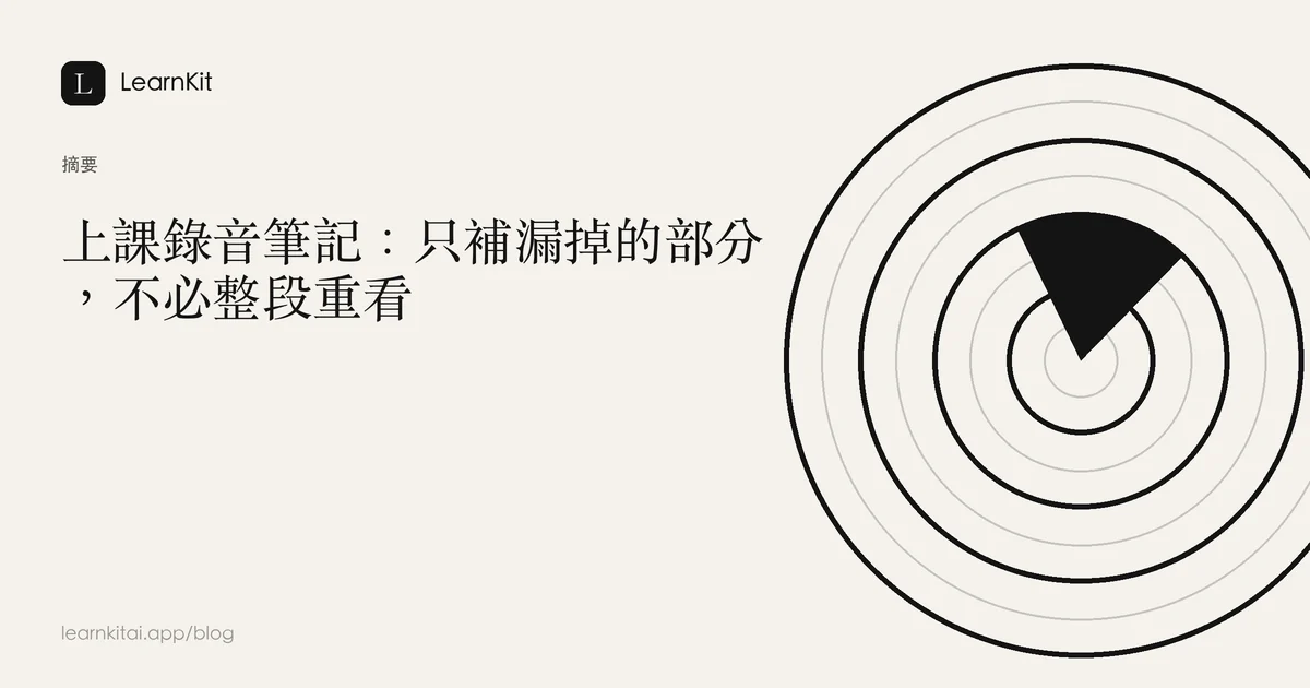 文章標題「上課錄音筆記:只補漏掉的部分,不必整段重看」,背景為沉靜的單色圖紋