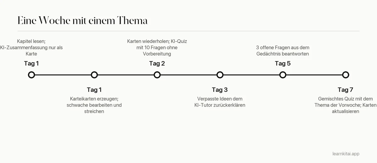 Zeitleiste eines wöchentlichen Lernablaufs, der KI für Zusammenfassungen, Karteikarten, Quizze und Wiederholung nutzt