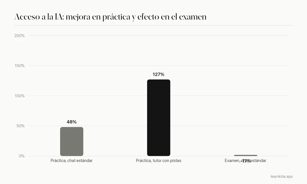 Gráfico de barras que muestra que la IA subió las notas de práctica un 48 y un 127 por ciento pero el acceso a un chat estándar bajó las notas del examen un 17 por ciento
