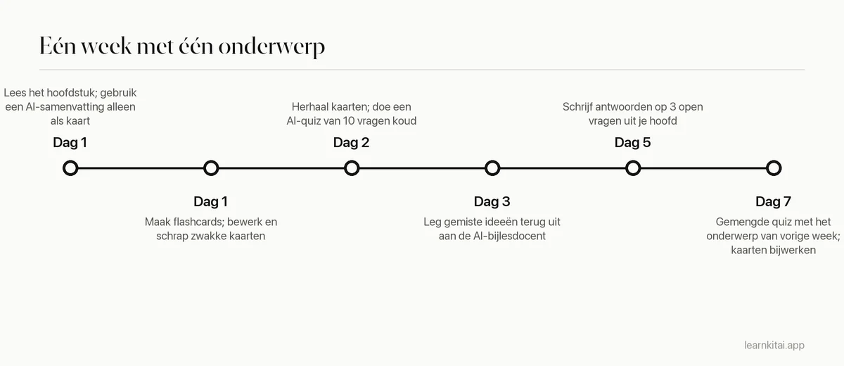 Tijdlijn van een wekelijkse studieroutine die AI gebruikt voor samenvattingen, flashcards, quizzen en herhaling