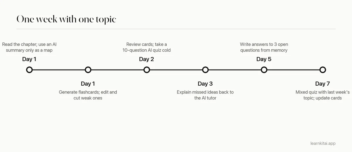 Timeline of a weekly study workflow that uses AI for summaries, flashcards, quizzes and review