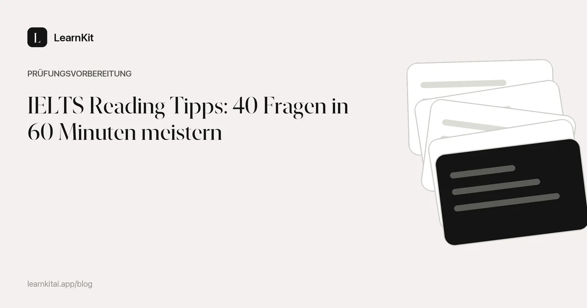 Der Titel IELTS Reading Tipps: 40 Fragen in 60 Minuten meistern vor einem ruhigen, einfarbigen Muster