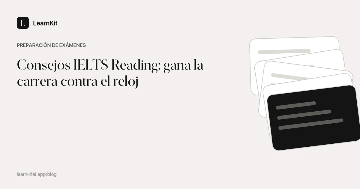 El título Consejos IELTS Reading: gana la carrera contra el reloj sobre un patrón monocromo y sereno