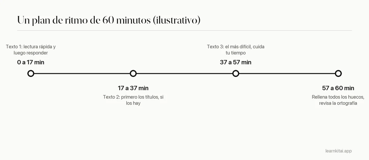Línea de tiempo que divide el examen IELTS Reading de 60 minutos en tres bloques de texto y una revisión final