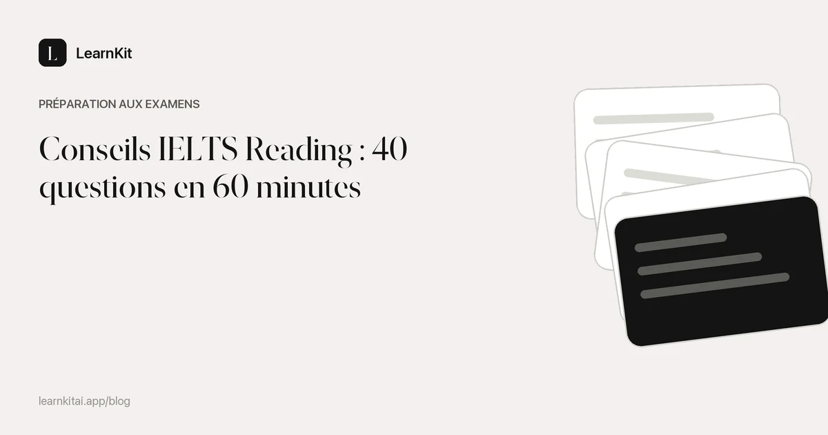 Le titre Conseils IELTS Reading : 40 questions en 60 minutes sur un motif monochrome épuré