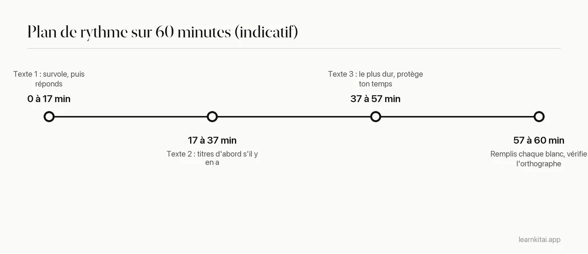 Frise répartissant l'épreuve IELTS Reading de 60 minutes en trois blocs de texte et une vérification finale