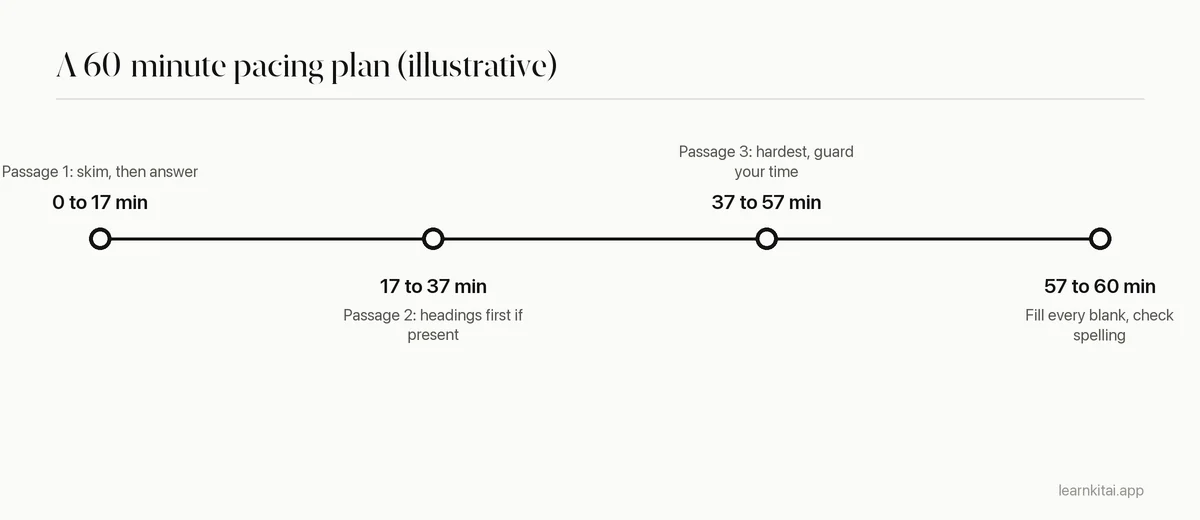 Timeline splitting the 60-minute IELTS Reading test into three passage blocks and a final check