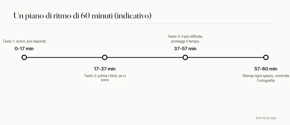 Linea del tempo che divide il test IELTS Reading di 60 minuti in tre blocchi per i testi e un controllo finale