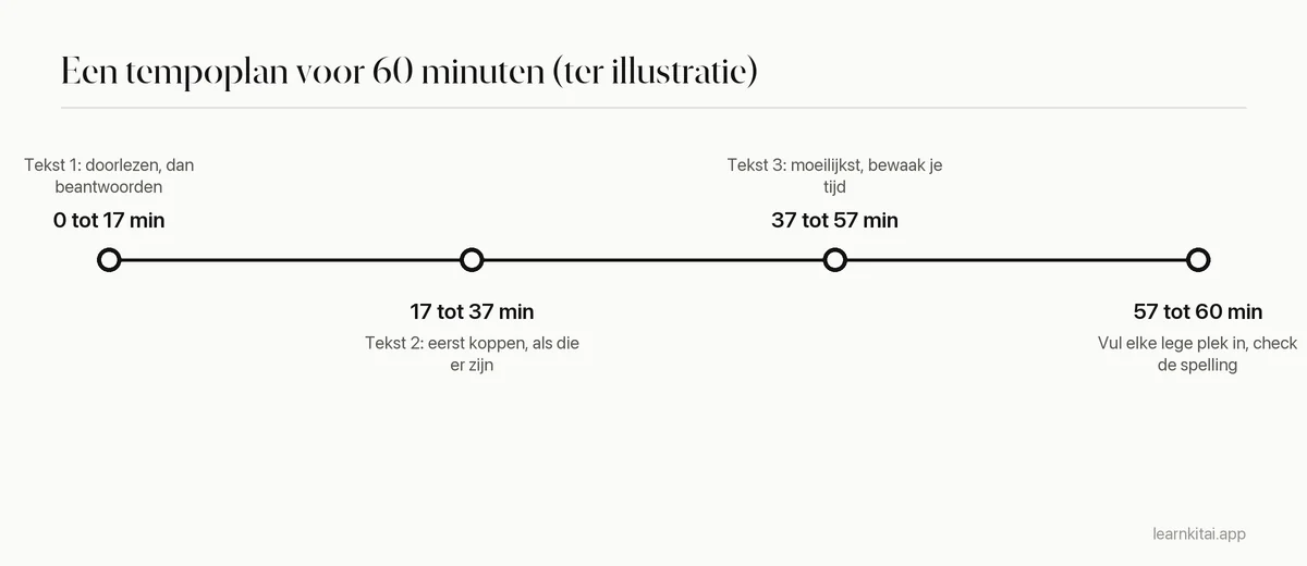 Tijdlijn die de IELTS Reading-toets van 60 minuten verdeelt in drie tekstblokken en een laatste controle