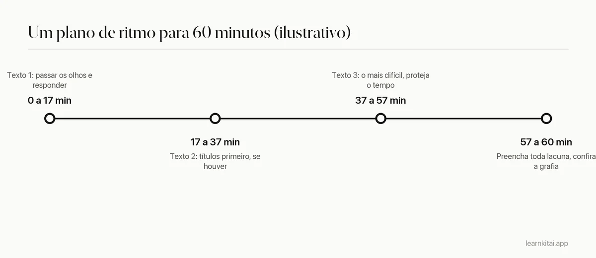 Linha do tempo dividindo o IELTS Reading de 60 minutos em três blocos de texto e uma conferência final