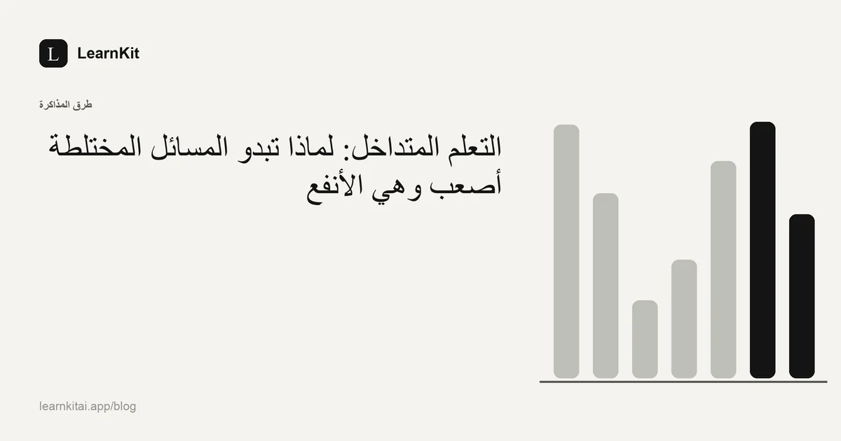 عنوان المقال «التعلم المتداخل: لماذا تبدو المسائل المختلطة أصعب وهي الأنفع» فوق نقش هادئ أحادي اللون