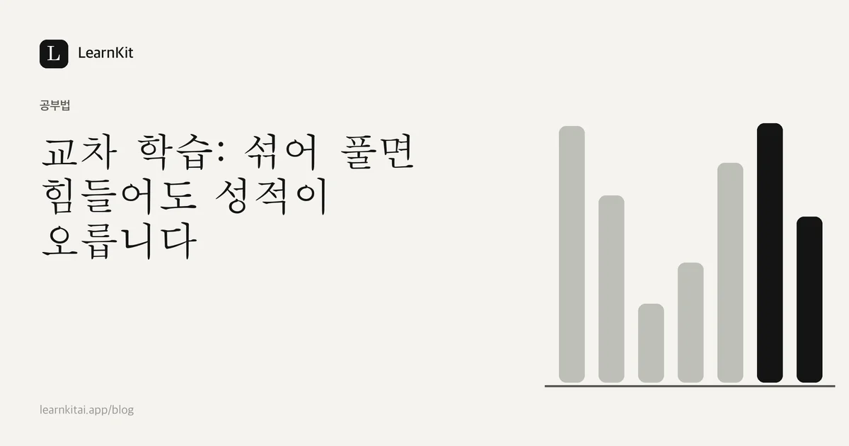 제목 교차 학습: 섞어 풀면 힘들어도 성적이 오릅니다가 차분한 흑백 패턴 위에 놓인 이미지