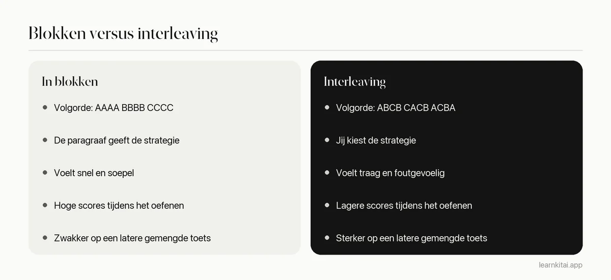Vergelijking van oefenen in blokken en interleaving op volgorde, gevoel tijdens het oefenen en resultaten op een latere toets