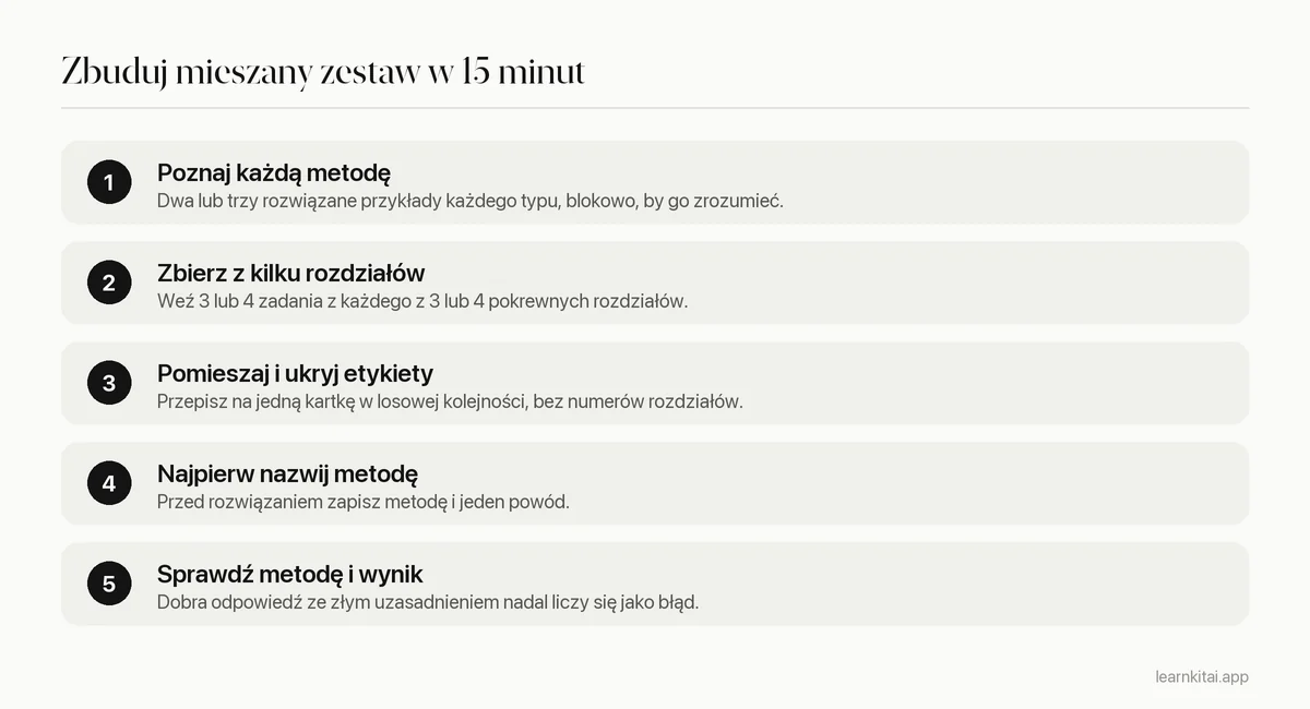 Kroki budowania zestawu ćwiczeń przeplatanych od nauki każdej metody po sprawdzenie metody i odpowiedzi