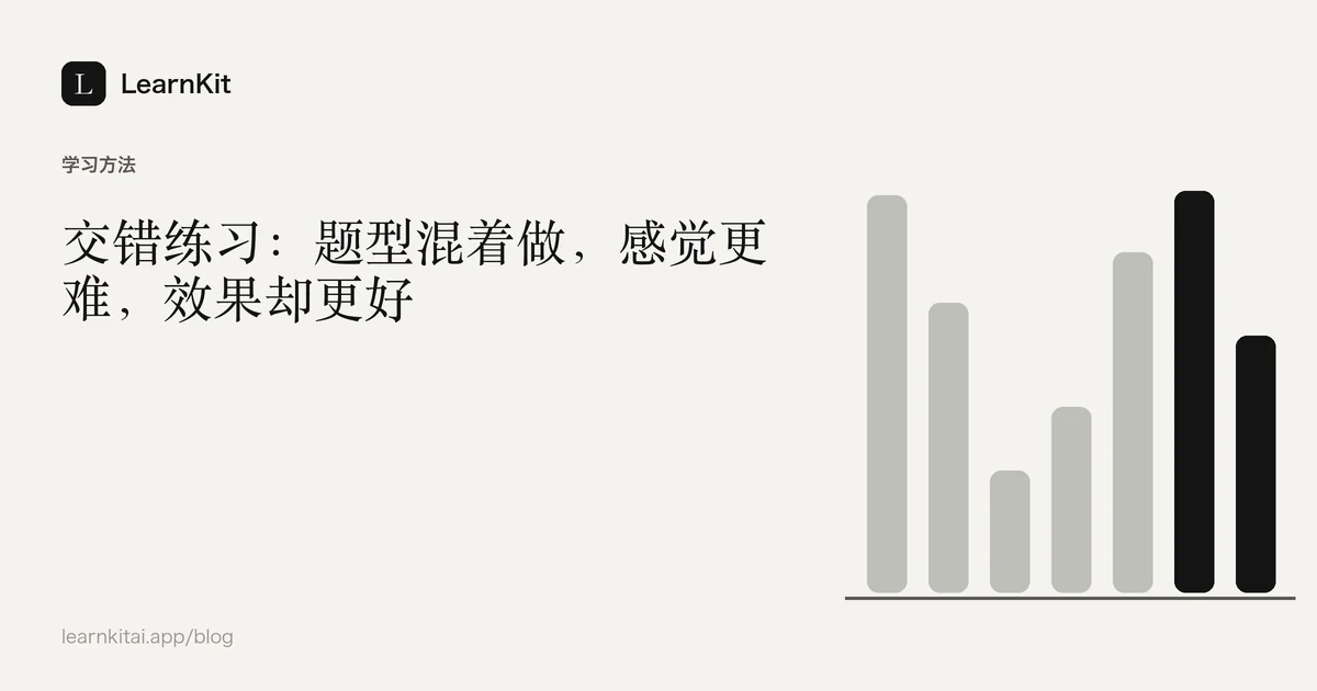 标题《交错练习:题型混着做,感觉更难,效果却更好》,置于宁静的黑白图案之上