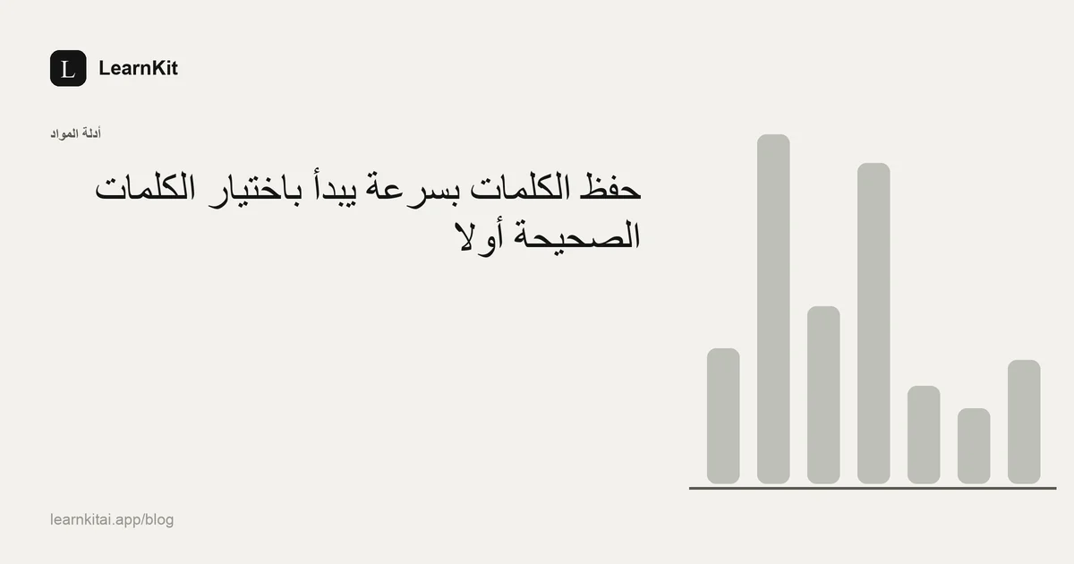 عنوان المقال «حفظ الكلمات بسرعة يبدأ باختيار الكلمات الصحيحة أولًا» فوق نقش هادئ أحادي اللون