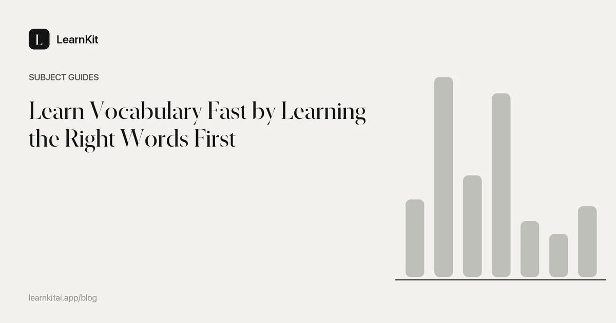 The title Learn Vocabulary Fast by Learning the Right Words First over a calm monochrome pattern