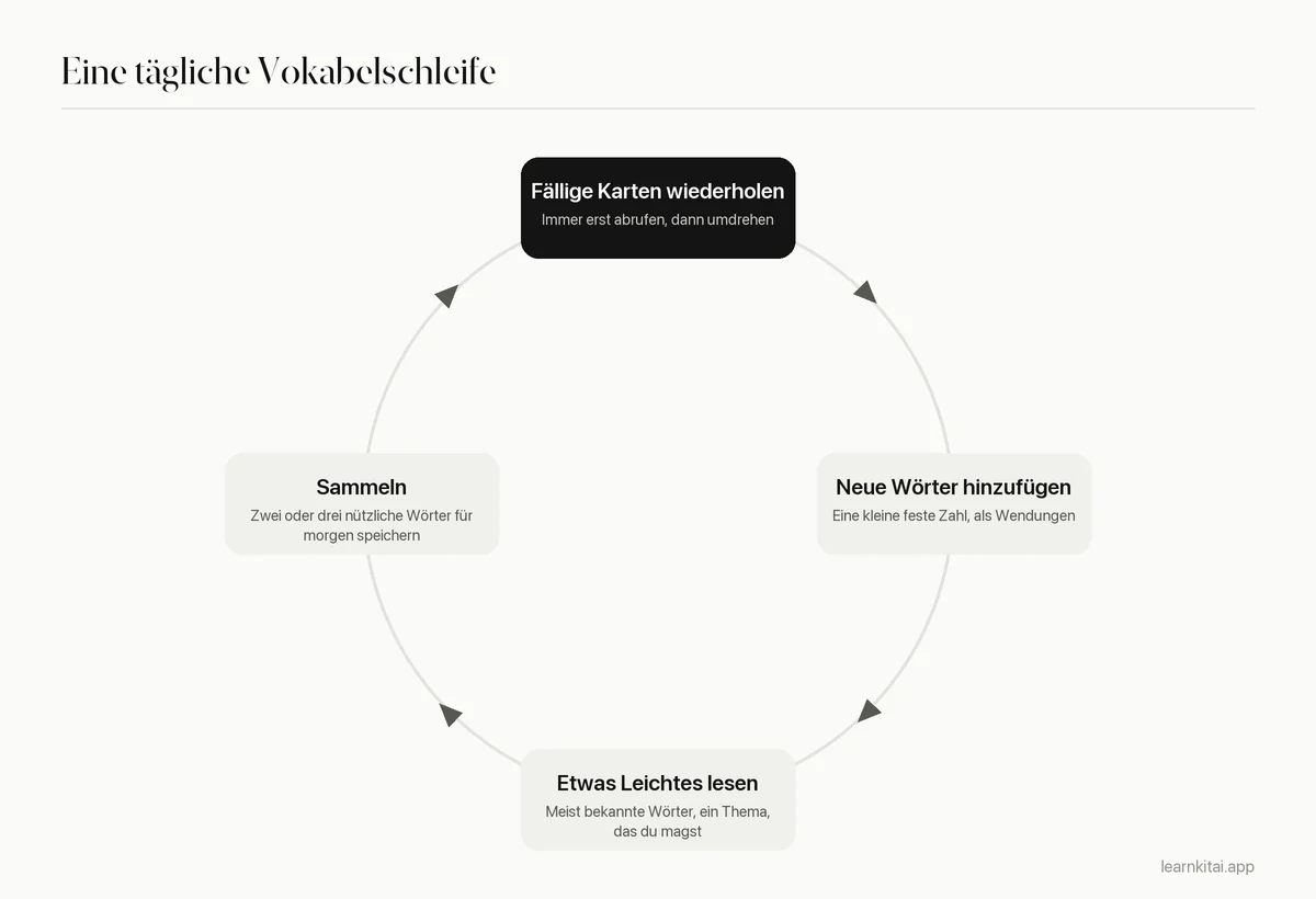 Tägliche Routine in vier Schritten für Vokabeln: fällige Karten wiederholen, neue Wörter hinzufügen, leichten Text lesen, Wörter sammeln