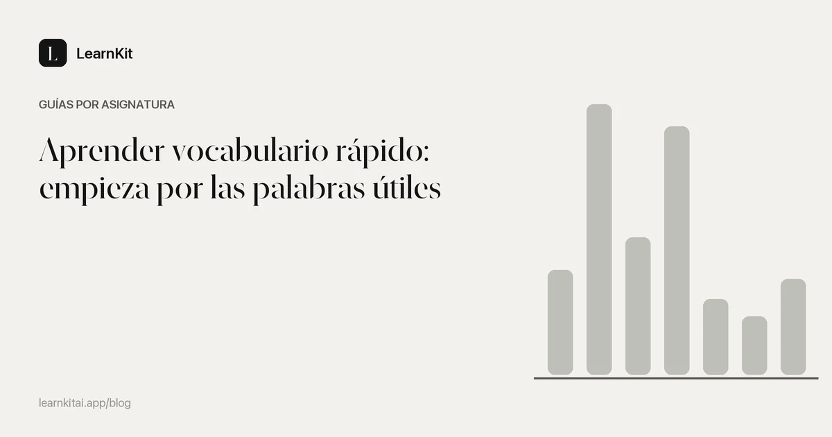 El título Aprender vocabulario rápido: empieza por las palabras útiles sobre un patrón monocromo y sereno