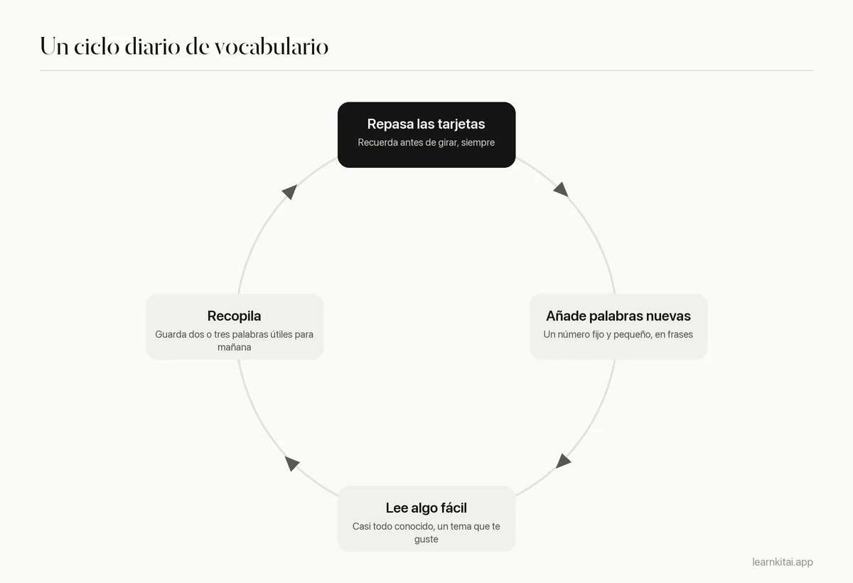 Rutina diaria de cuatro pasos para el vocabulario: repasar tarjetas, añadir palabras nuevas, leer un texto fácil y recopilar palabras
