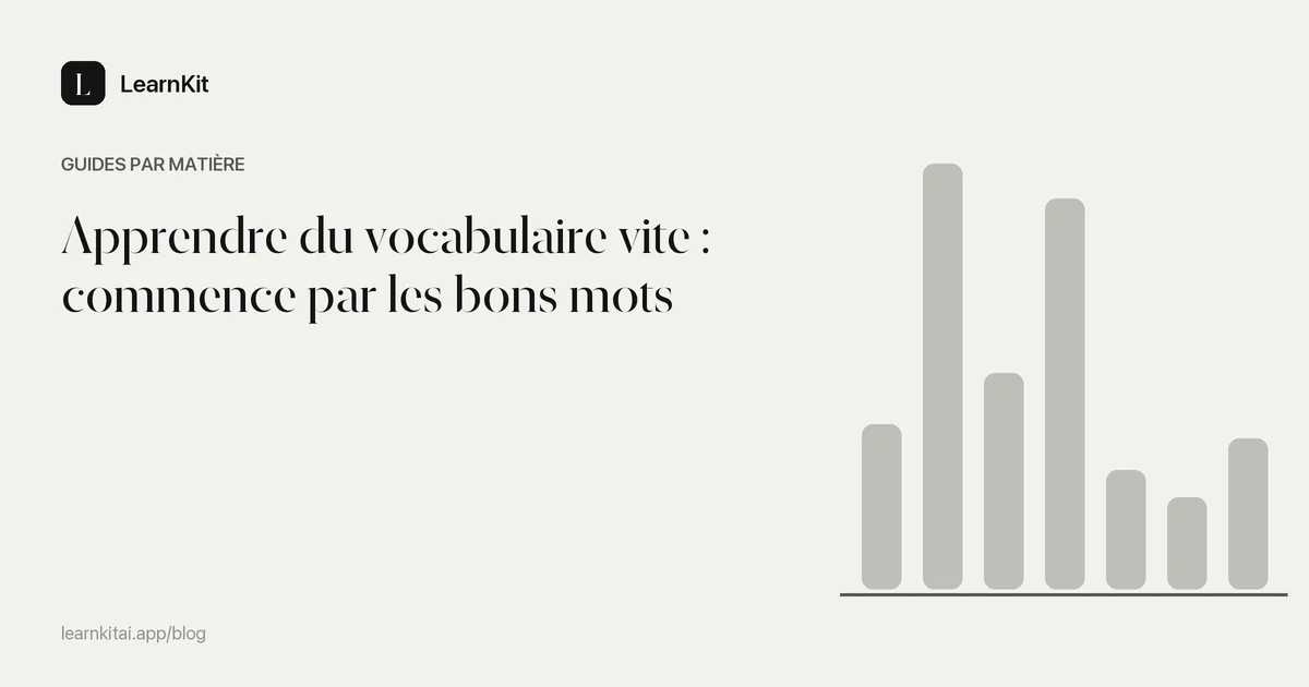 Le titre Apprendre du vocabulaire vite : commence par les bons mots sur un motif monochrome épuré