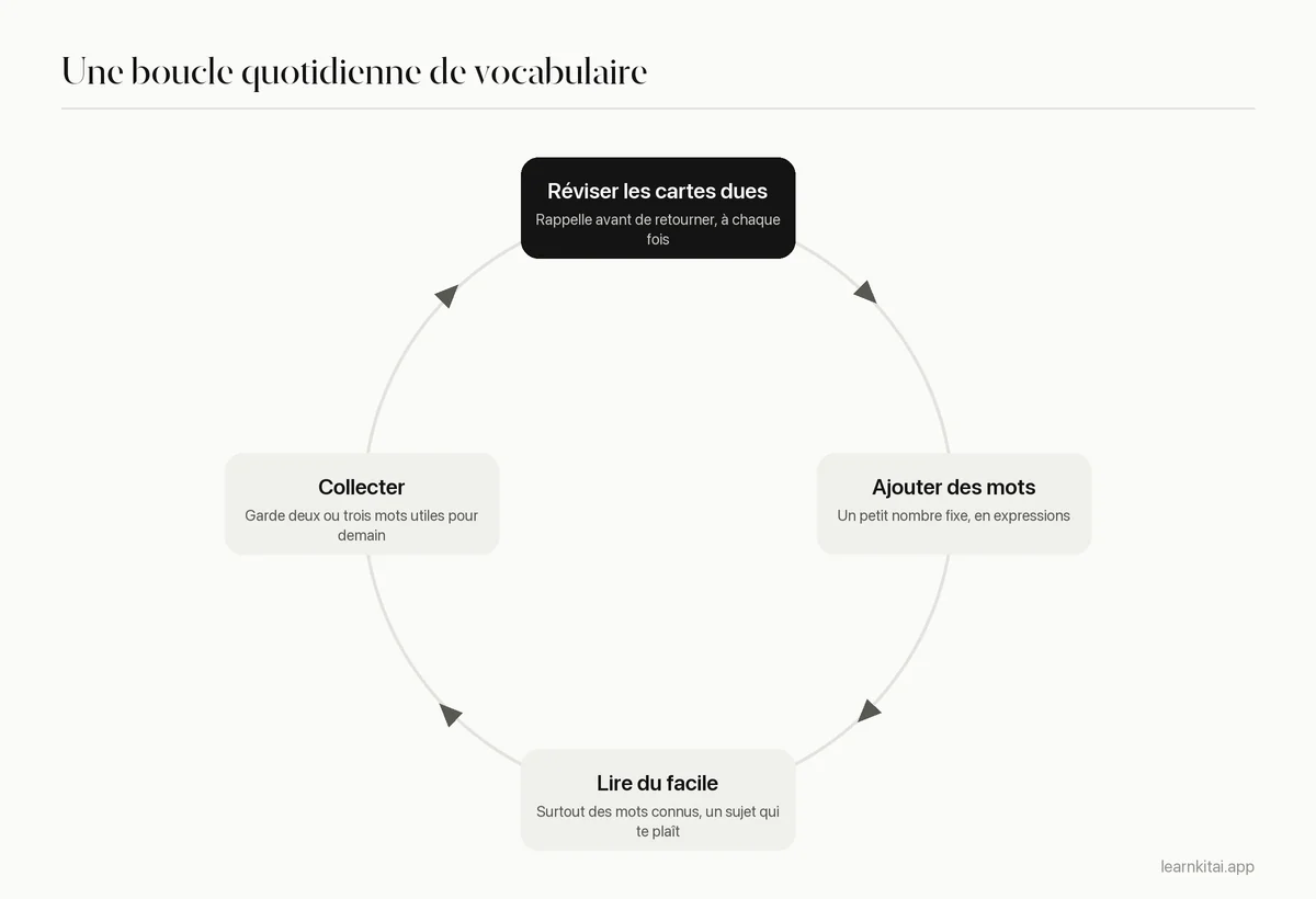 Routine quotidienne en quatre étapes pour le vocabulaire : réviser les cartes dues, ajouter des mots nouveaux, lire un texte facile, collecter des mots
