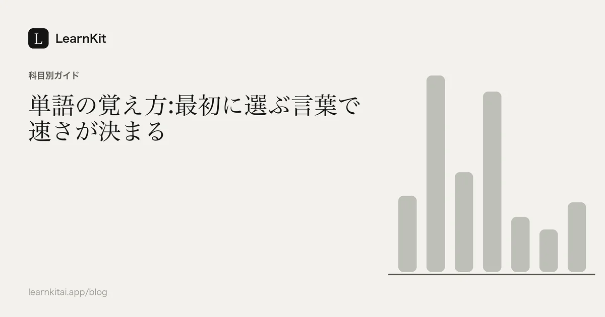 落ち着いたモノクロの模様の上に、タイトル「単語の覚え方:最初に選ぶ言葉で速さが決まる」を配置したカバー画像