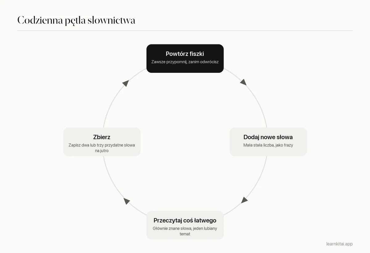 Czterokrokowa codzienna rutyna słownictwa: powtórz fiszki do powtórki, dodaj nowe słowa, przeczytaj łatwy tekst, zbierz słowa