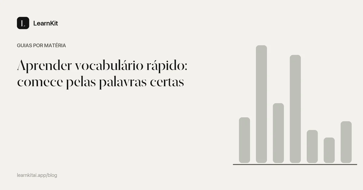 O título Aprender vocabulário rápido: comece pelas palavras certas sobre um padrão monocromático e sereno