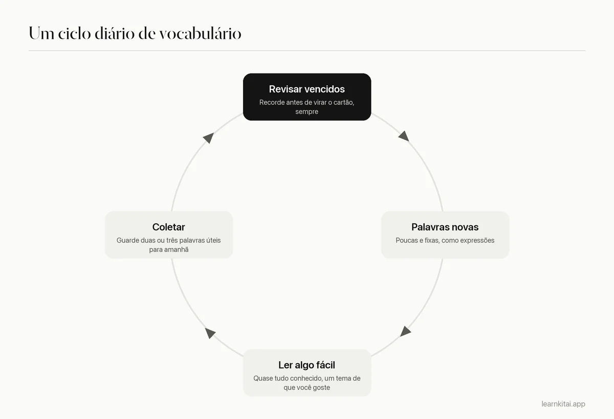 Rotina diária de quatro passos para vocabulário: revisar cartões vencidos, acrescentar palavras novas, ler um texto fácil, coletar palavras