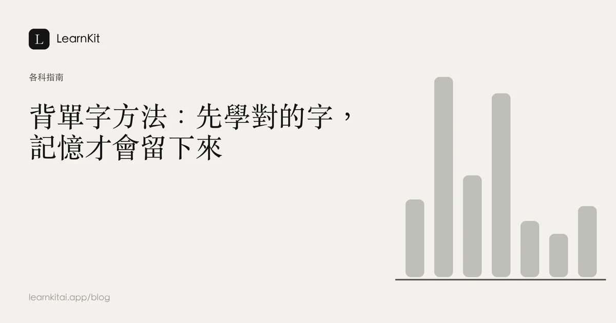 標題為「背單字方法:先學對的字,記憶才會留下來」,背景為沉靜的單色圖紋