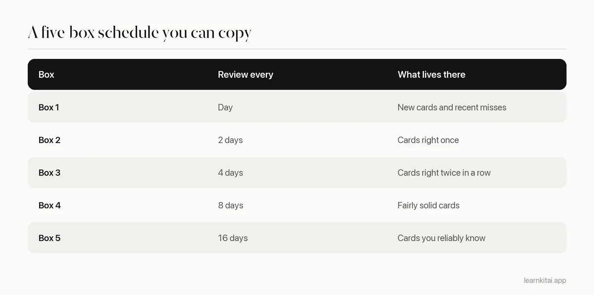 Table of a five-box Leitner schedule: Box 1 daily, Box 2 every 2 days, Box 3 every 4 days, Box 4 every 8 days, Box 5 every 16 days