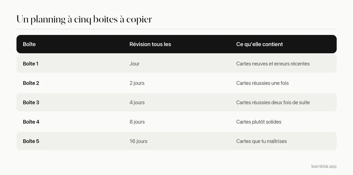 Tableau d'un planning Leitner à cinq boîtes : boîte 1 chaque jour, boîte 2 tous les 2 jours, boîte 3 tous les 4 jours, boîte 4 tous les 8 jours, boîte 5 tous les 16 jours