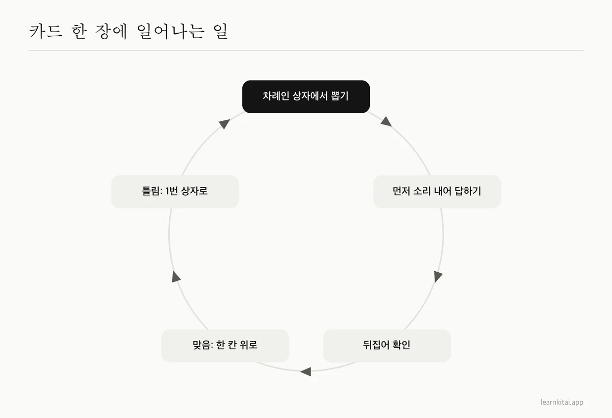 순환 도해: 차례가 된 상자에서 카드를 뽑고, 기억으로 답하고, 확인한 뒤 맞으면 위로, 틀리면 1번 상자로