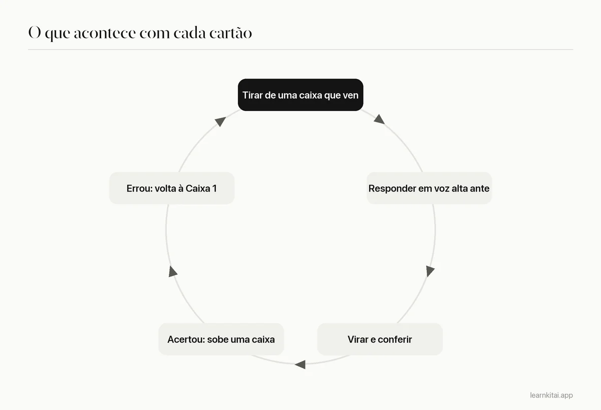 Diagrama de ciclo: tirar um cartão de uma caixa que venceu, responder de memória, conferir, subir se acertou ou voltar à Caixa 1 se errou