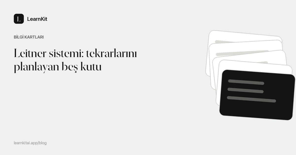 Leitner sistemi: tekrarlarını planlayan beş kutu başlığı, sakin ve tek renkli bir desenin üzerinde