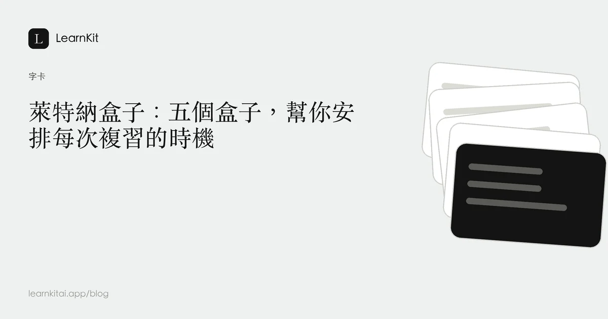 標題為「萊特納盒子：五個盒子，幫你安排每次複習的時機」，背景為沉靜的單色圖紋
