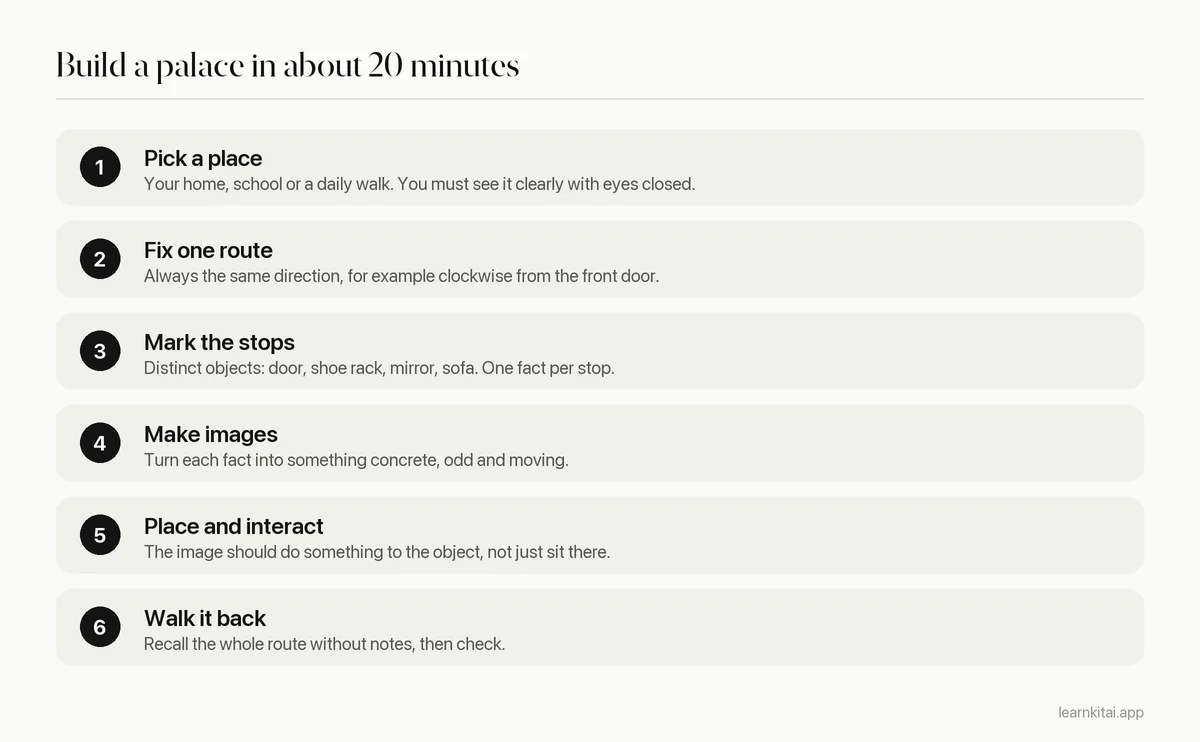 Six steps to build a memory palace: pick a place, fix a route, number the stops, make images, place them, walk it back